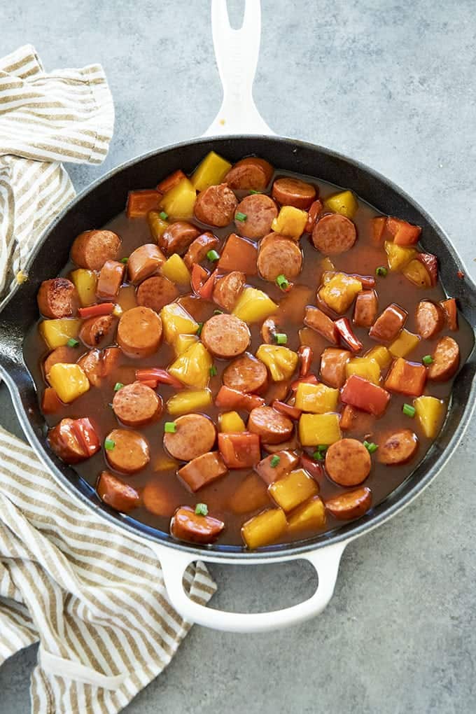 sweet and sour smoked sausage in pan