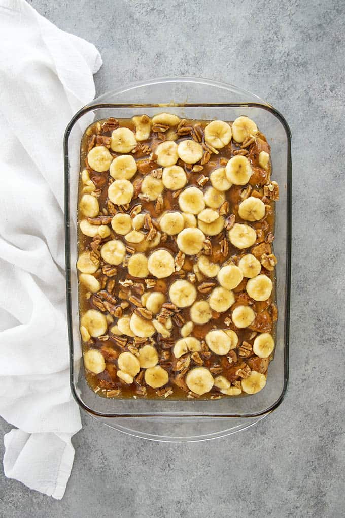 french toast casserole with bananas in a dish