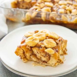 bananas foster french toast casserole on a plate