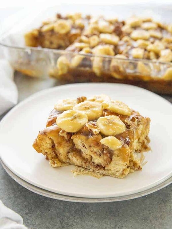 bananas foster french toast casserole on a plate