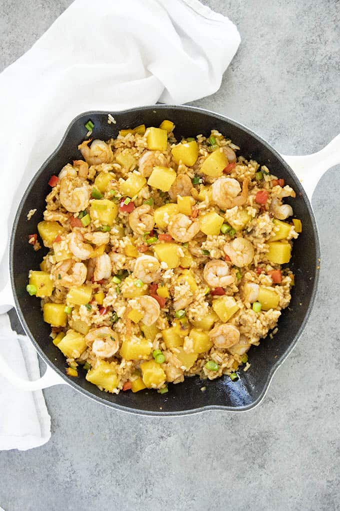 fried rice with shrimp in skillet