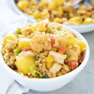 pineapple shrimp fried rice in a bowl