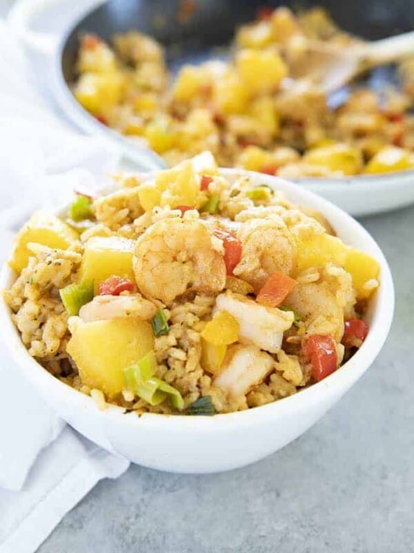 pineapple shrimp fried rice in a bowl