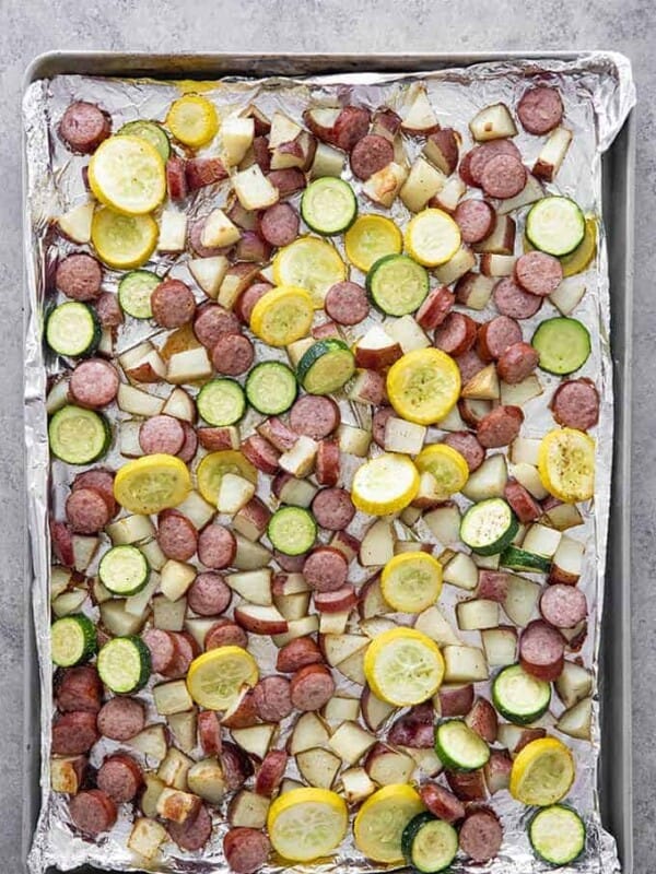 sausage potatoes and squash sheet pan