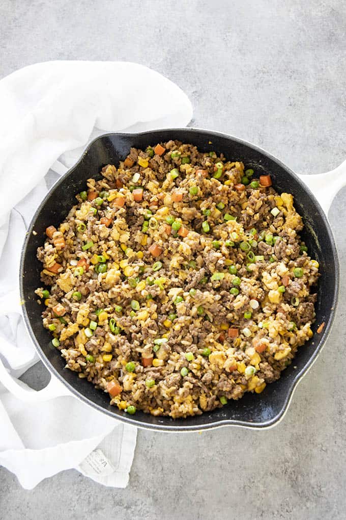 skillet of ground beef fried rice