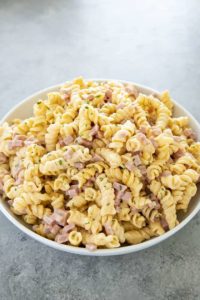 ham and cheese pasta in a bowl
