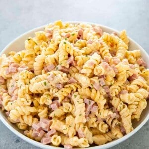 ham and cheese pasta in a bowl