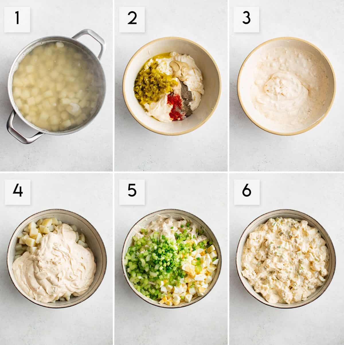 six panel collage image showing the process of making potato salad