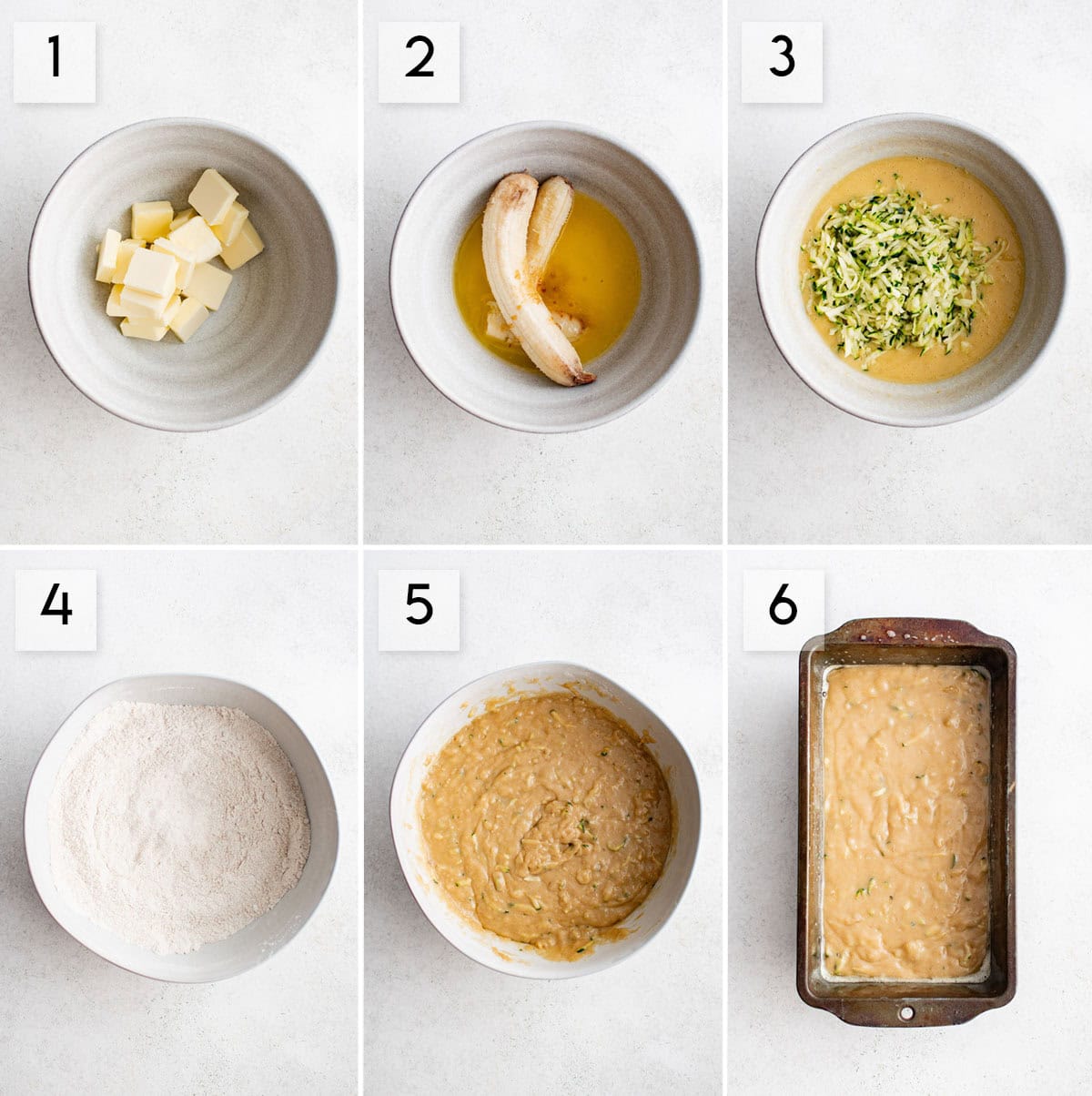 six panel collage image showing how to make zucchini bread