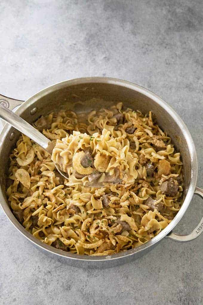 french onion beef and noodles in spoon
