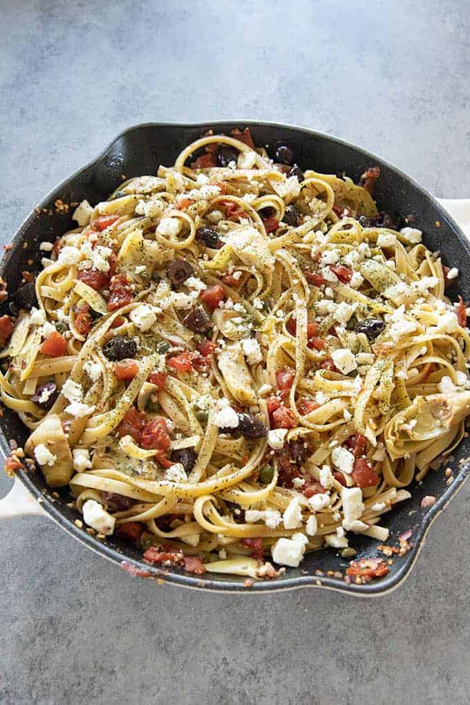 greek fettuccine in a skillet