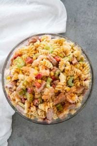 shrimp pasta salad in a bowl