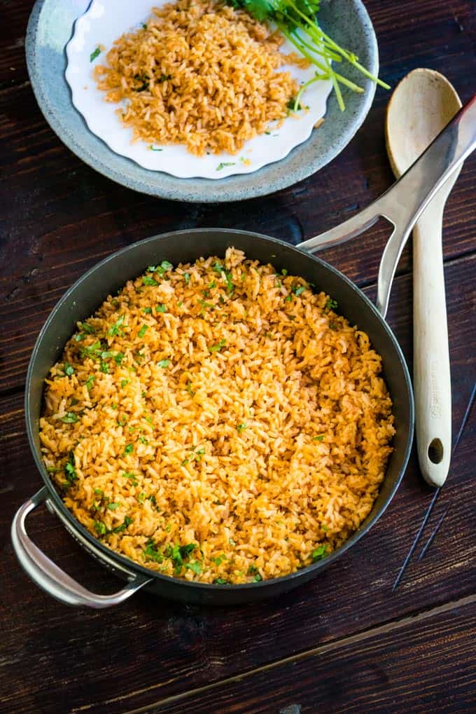 Mexican RIce in pan with Cilantro on top