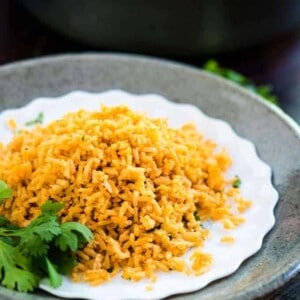 Spanish rice on a white plate