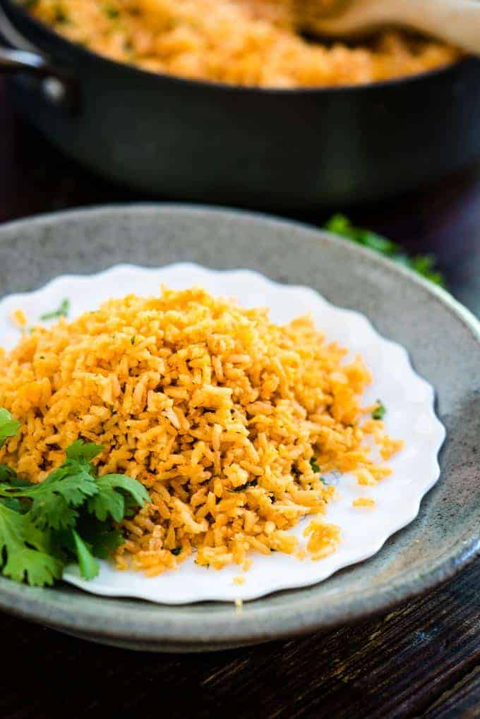 Spanish rice on a white plate