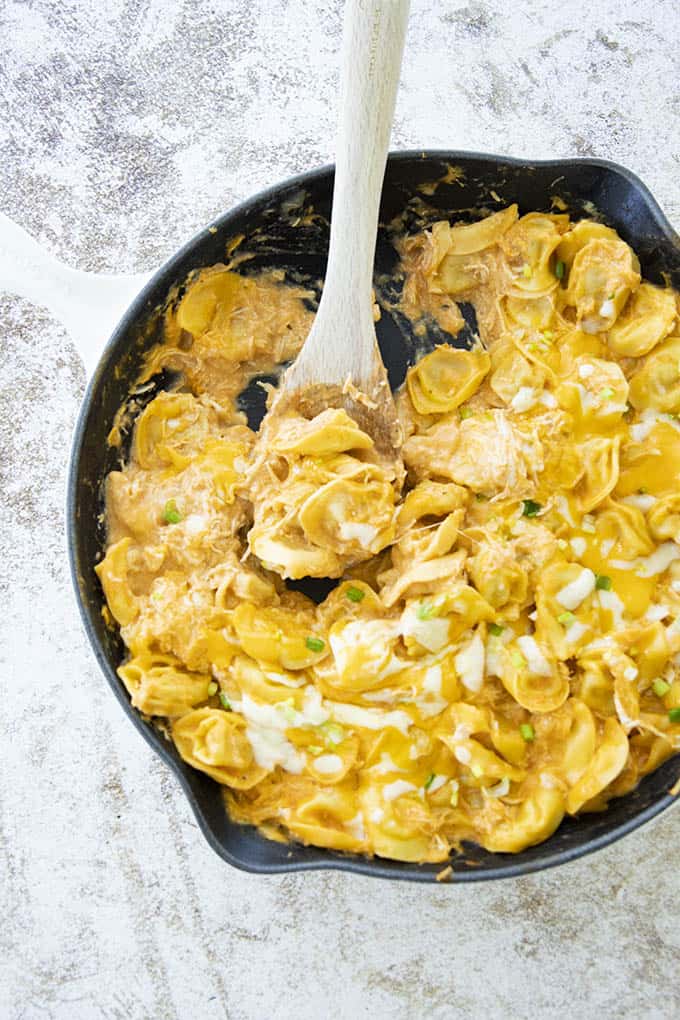 buffalo chicken tortellini in a spoon