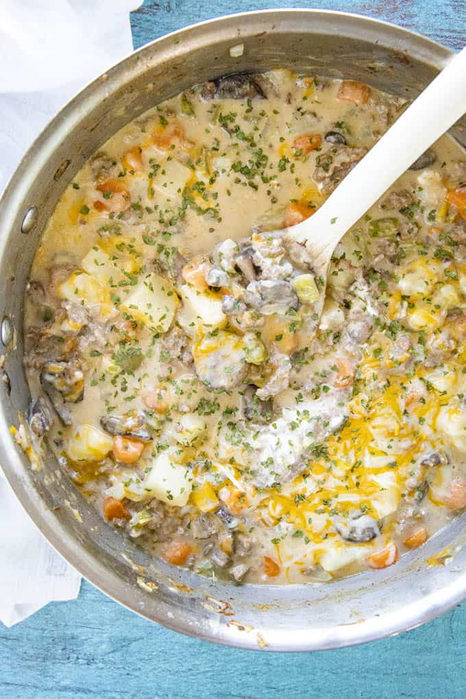 ground beef and potatoes in pot
