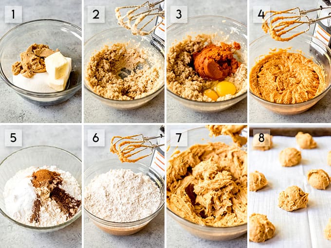 A collage of images showing how to make pumpkin cookies step-by-step.