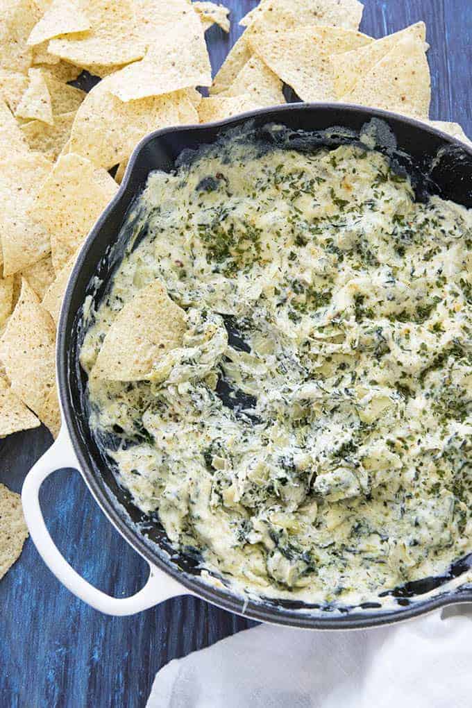 spinach artichoke dip in pan