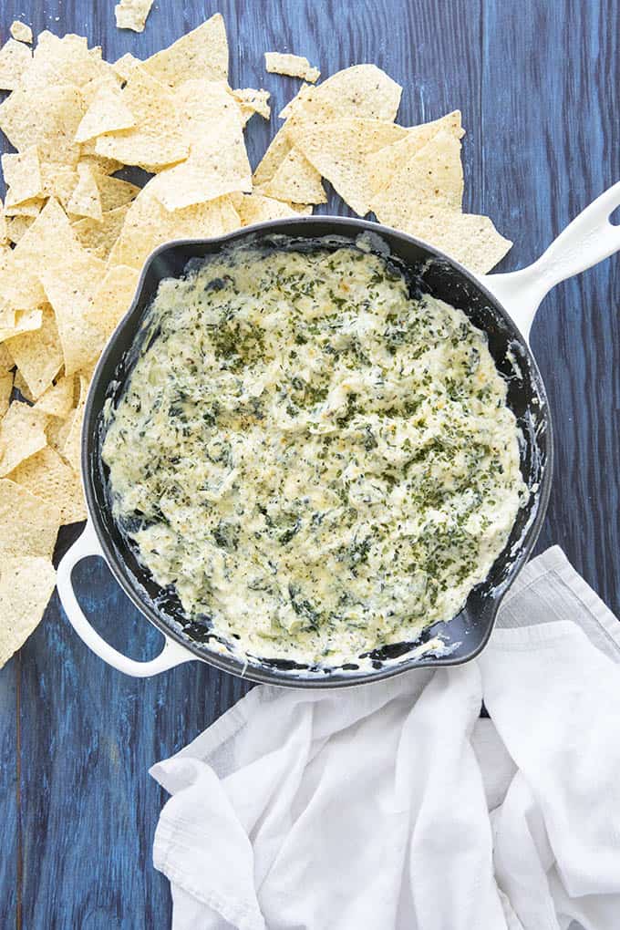 spinach artichoke dip recipe in a pan