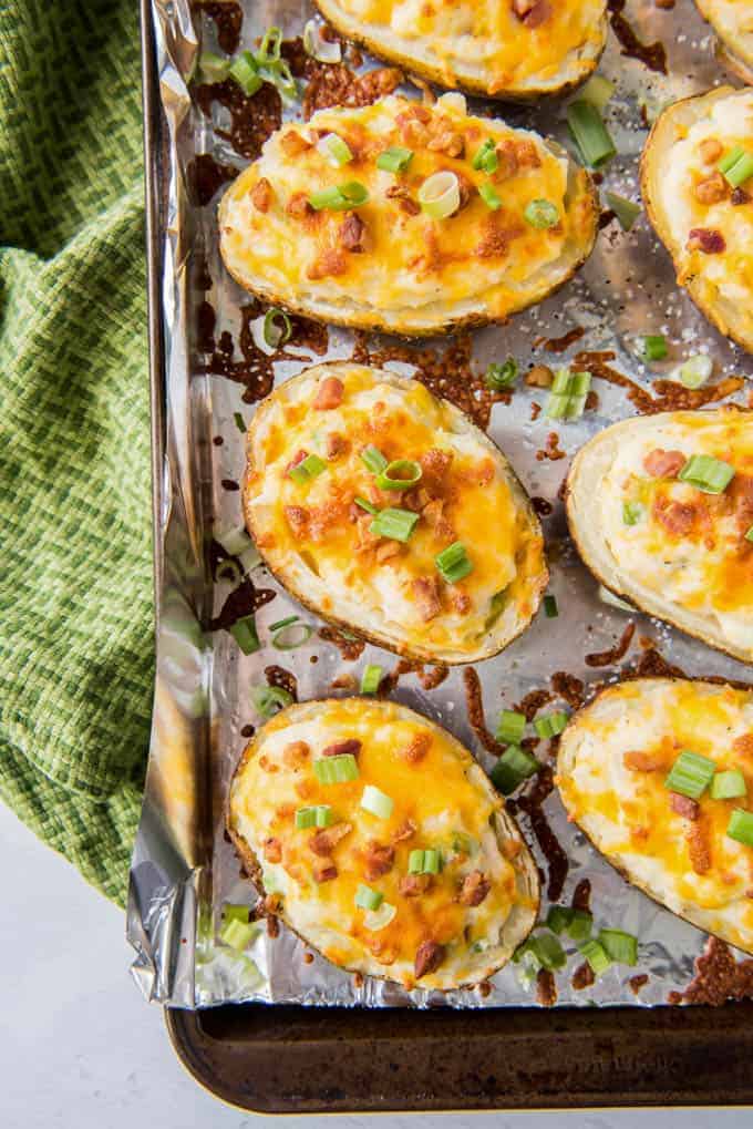 twice baked potato on a sheet pan