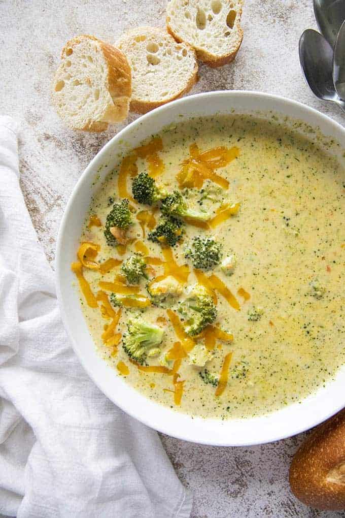 broccoli cheddar soup in a bowl