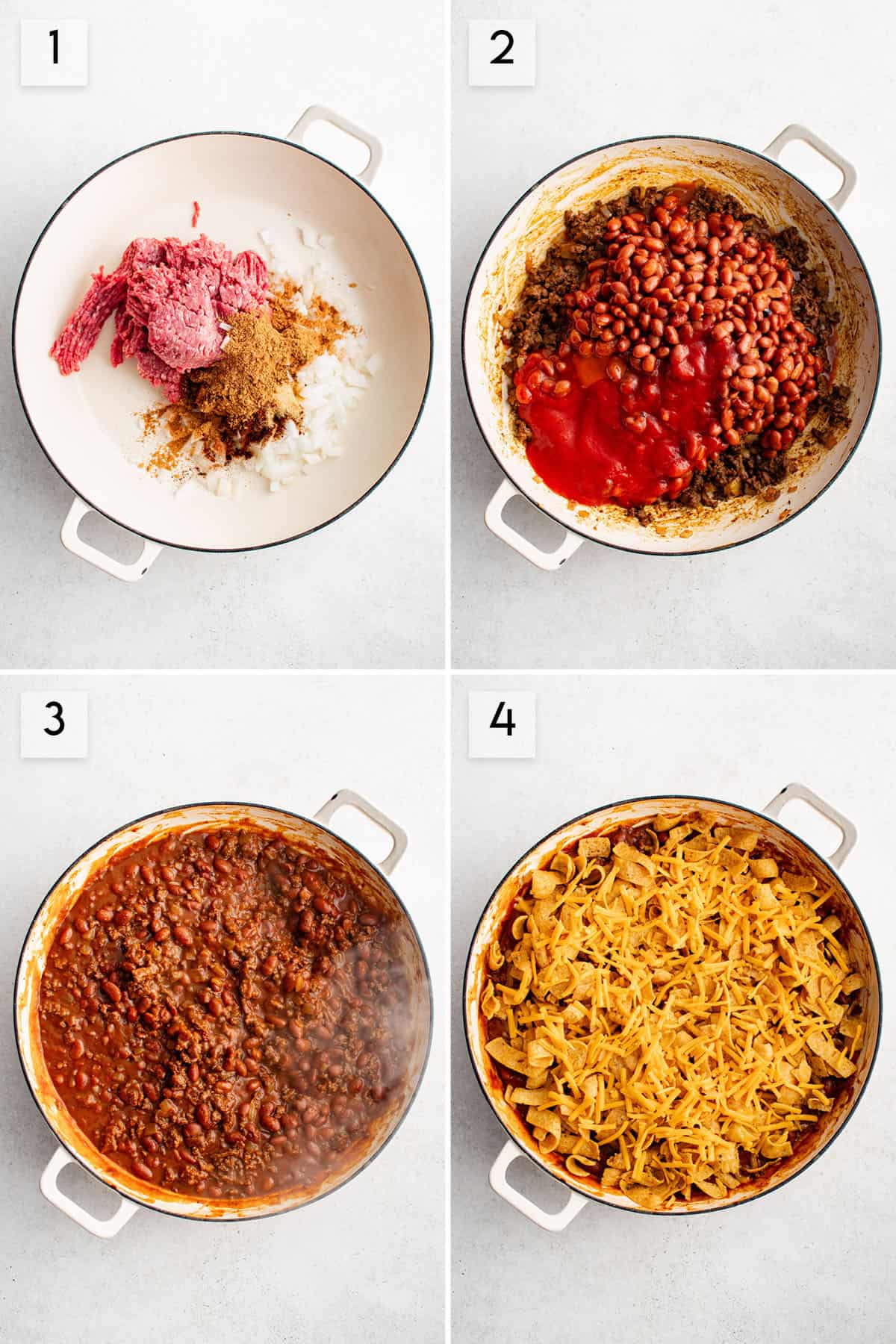 four panel collage image showing how to make easy frito pie