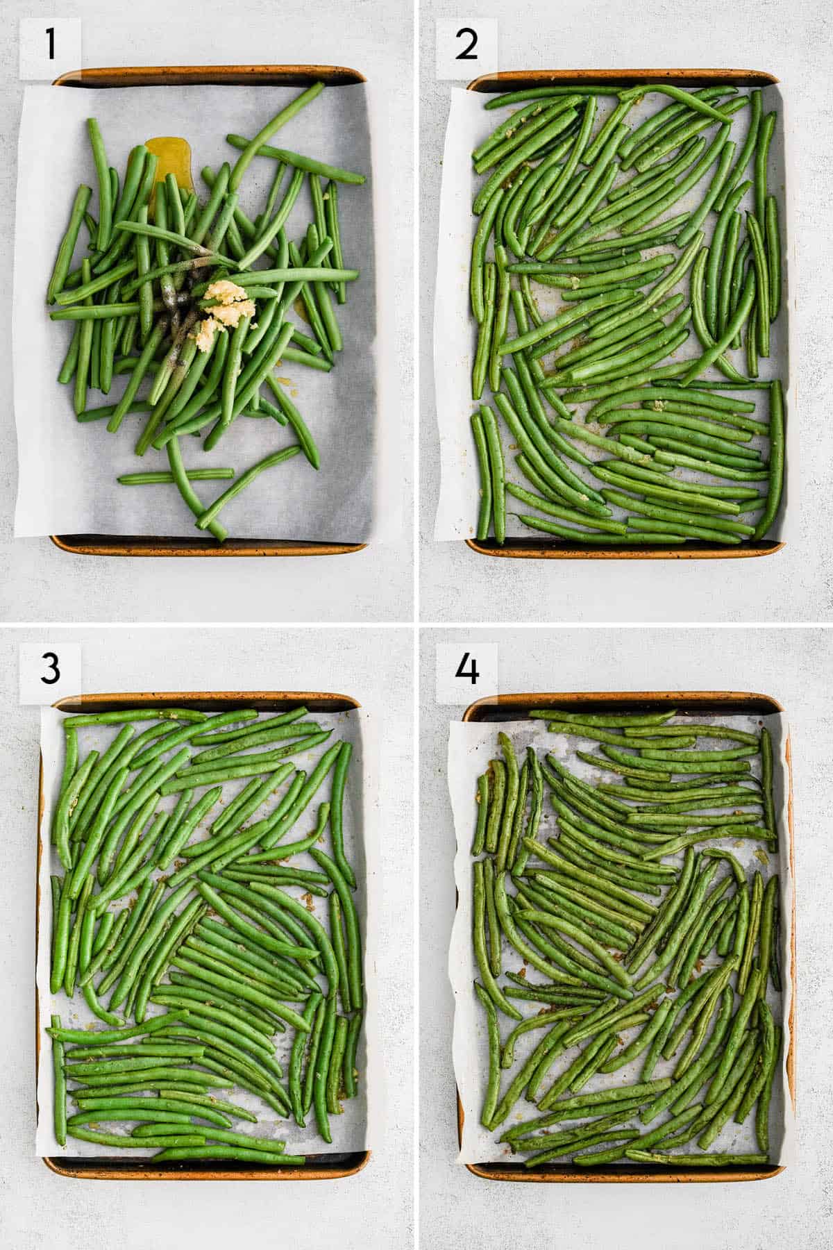 four panel collage image showing how to make roasted green beans