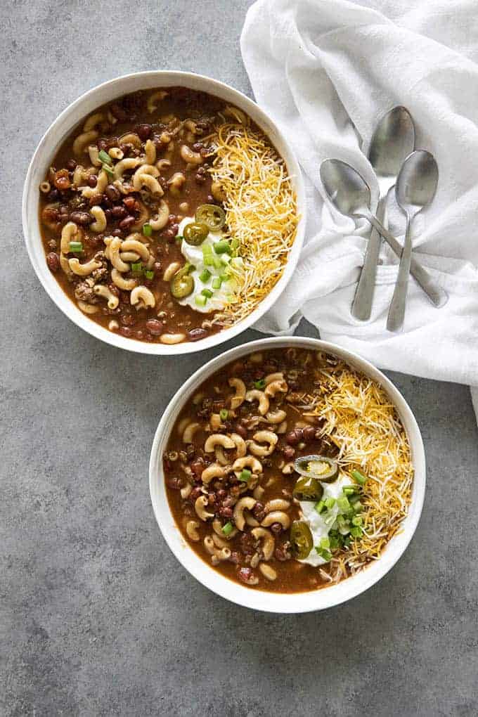 macaroni soup chili style in two bowls