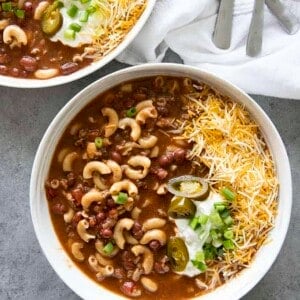 chili macaroni soup in a bowl
