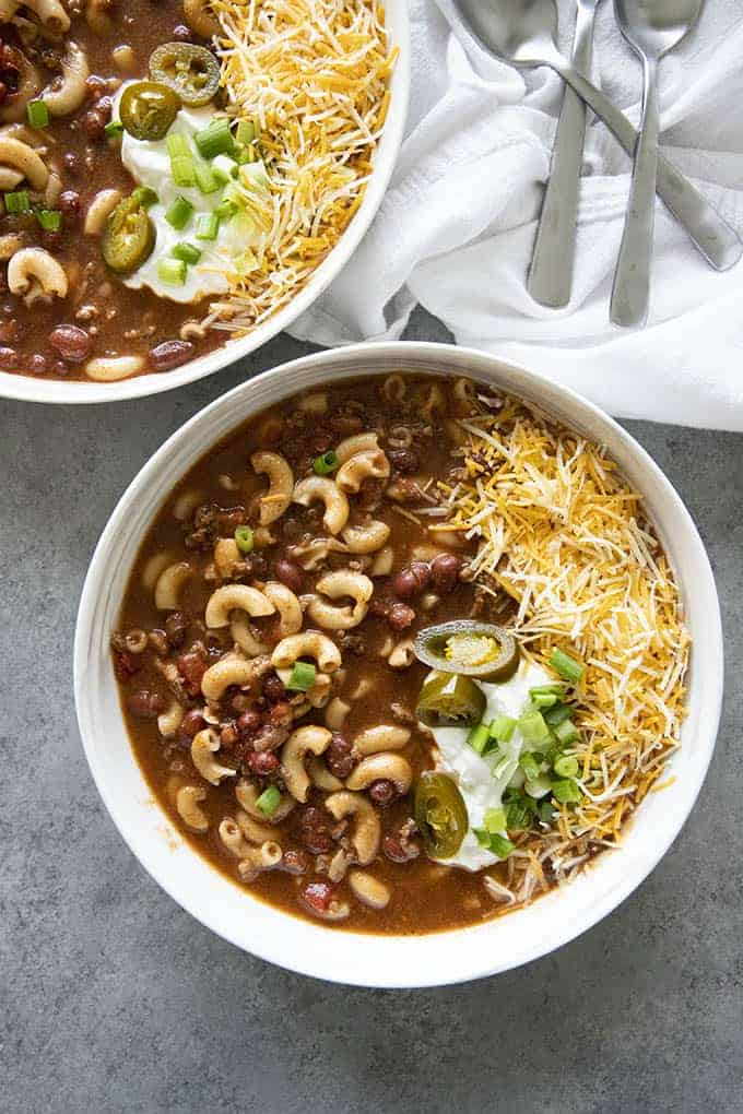 chili macaroni soup in a bowl