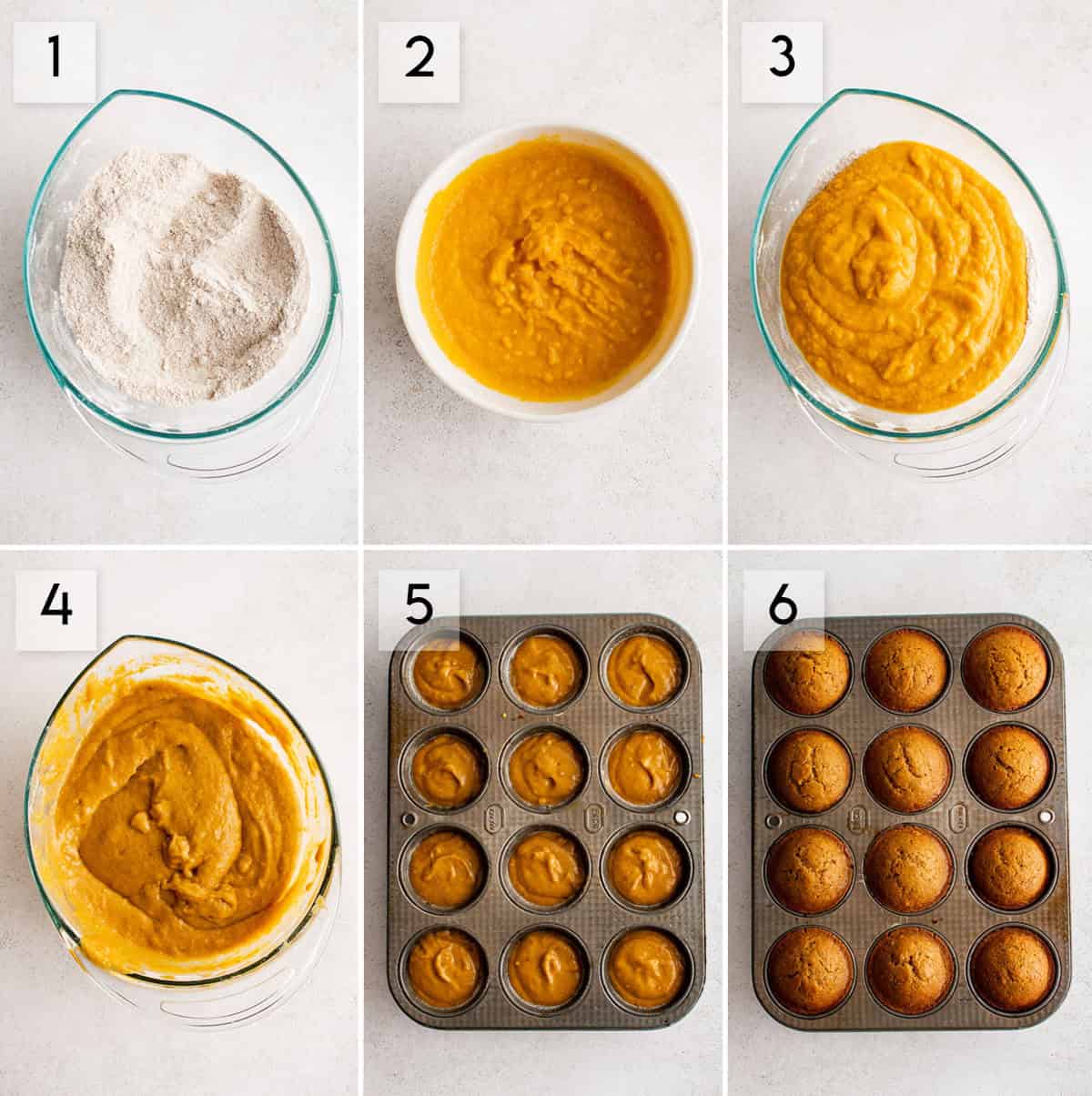 six panel collage image showing how to make pumpkin muffins