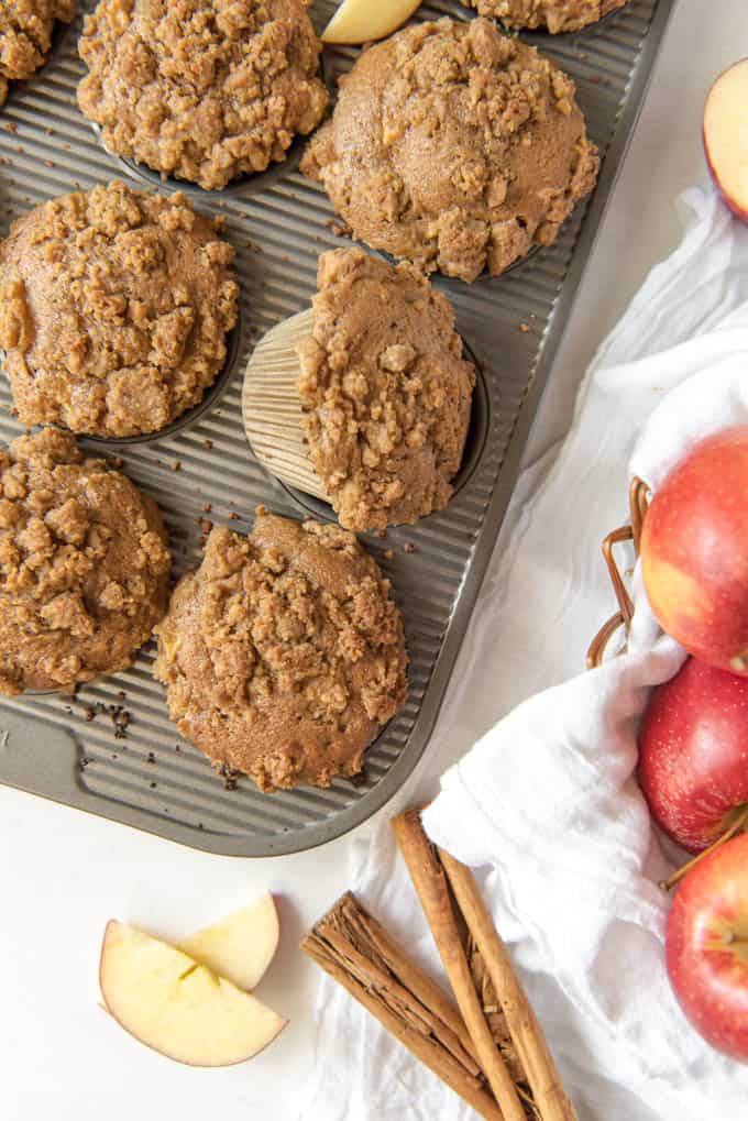 apple cinnamon muffins in a pan fresh from the oven