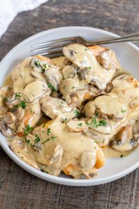 Pot Chicken With Mushrooms in a serving plate