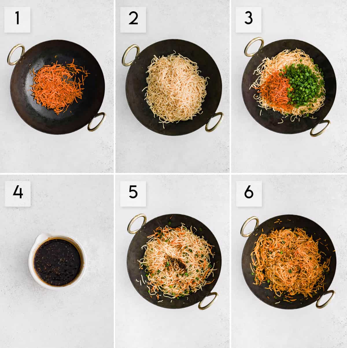 six panel collage image showing how to make pan fried noodles