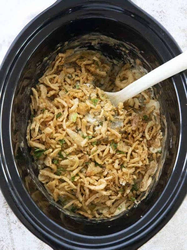 photo of green bean casserole made in slow cooker