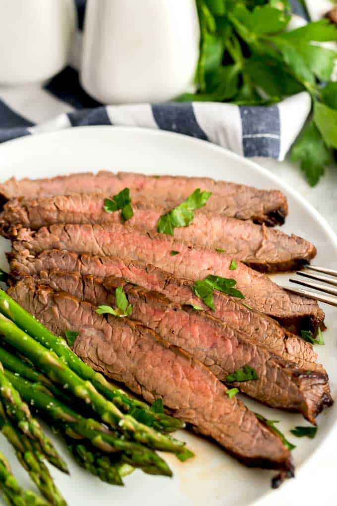 London broil sliced and served with asparagus.