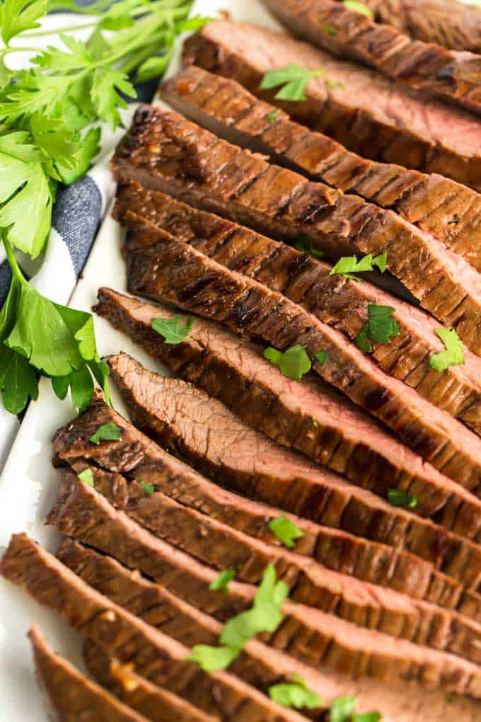 Close up view of sliced flank steak
