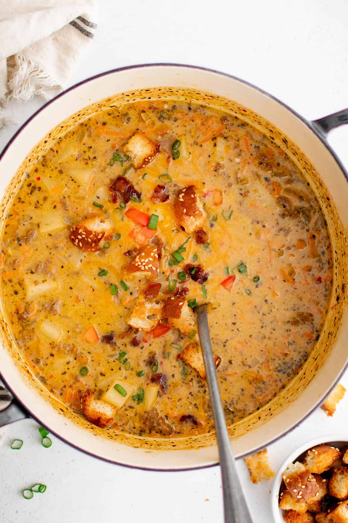 cheeseburger soup in a pot