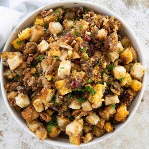 white bowl with cornbread stuffing
