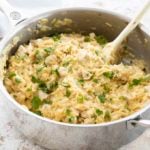 creamy chicken orzo in pan