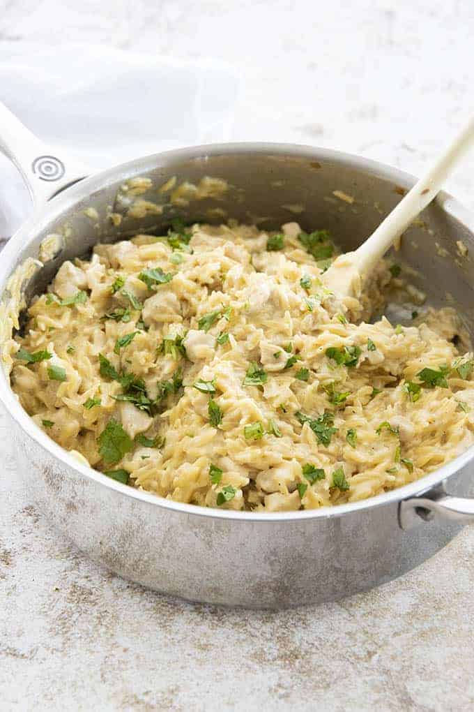 creamy chicken orzo in pan