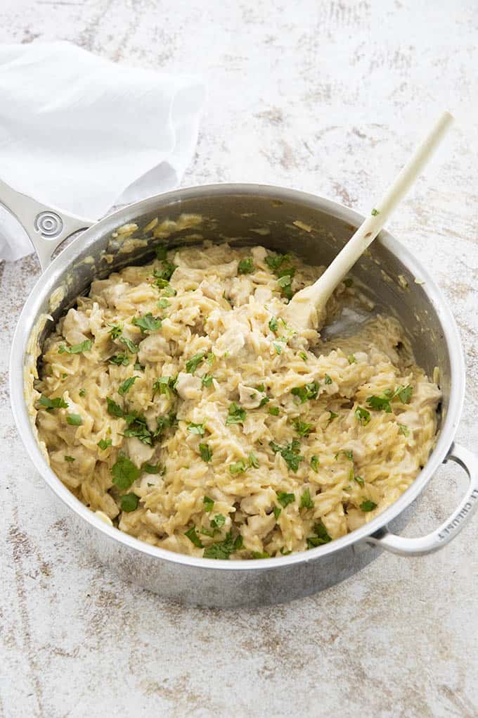 chicken orzo in skillet