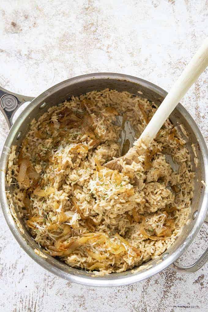 french onion rice in pot