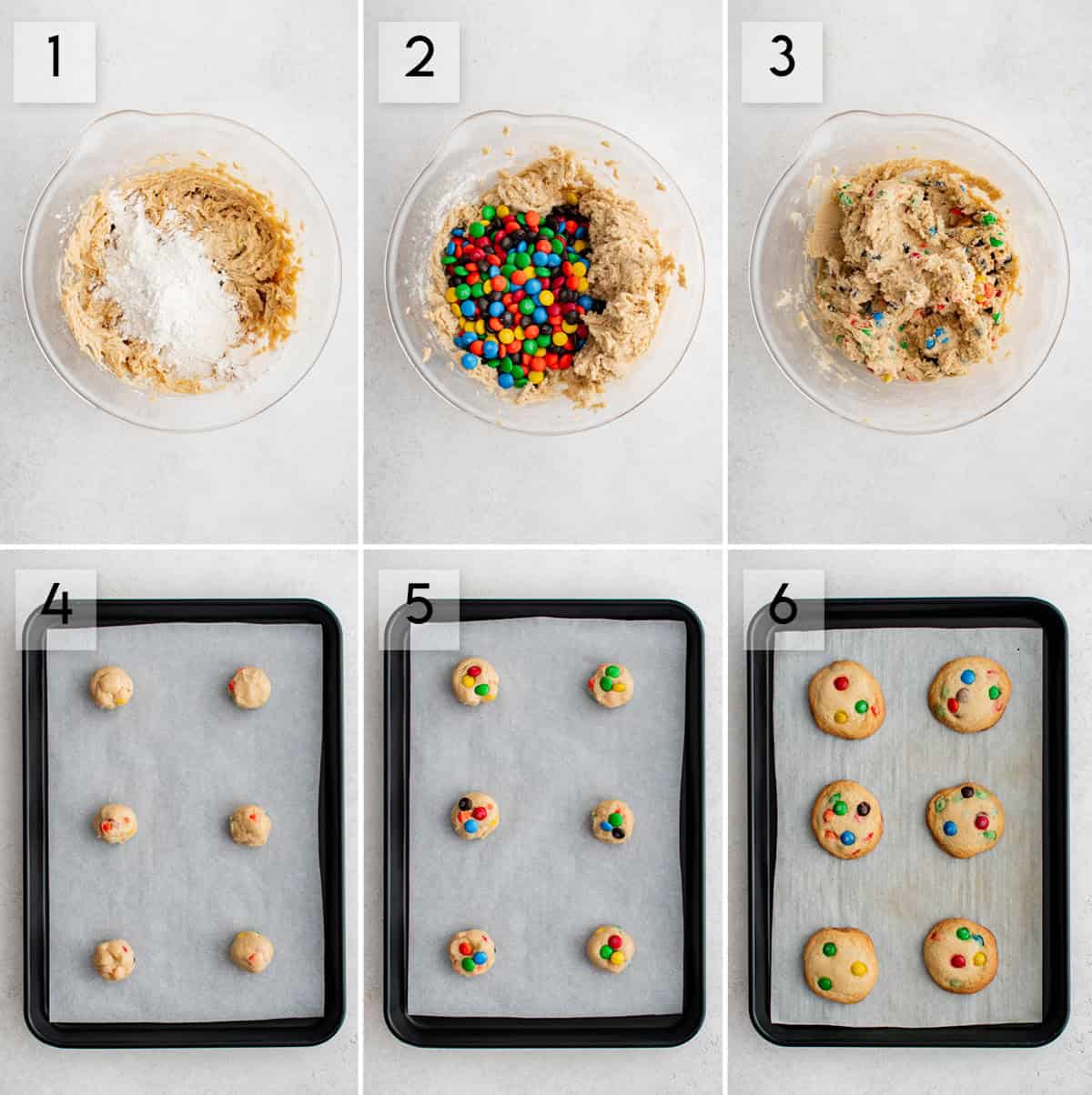 six panel collage image showing how to make m&m cookies