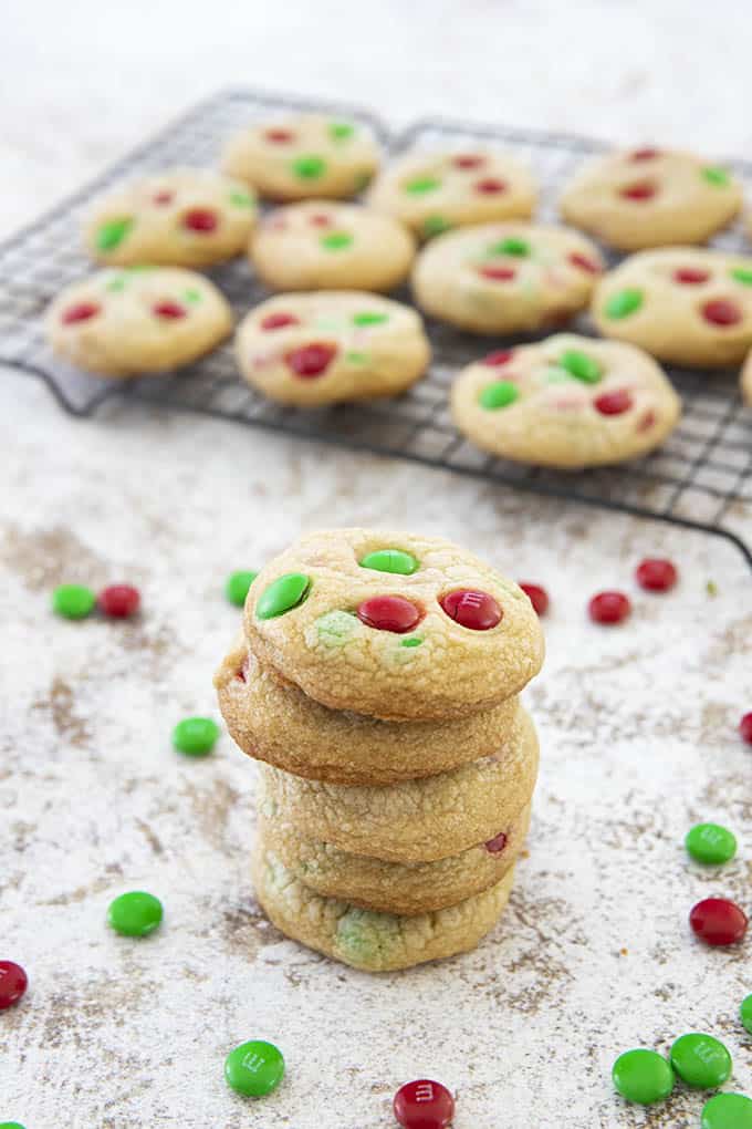 m&m cookies in a stack