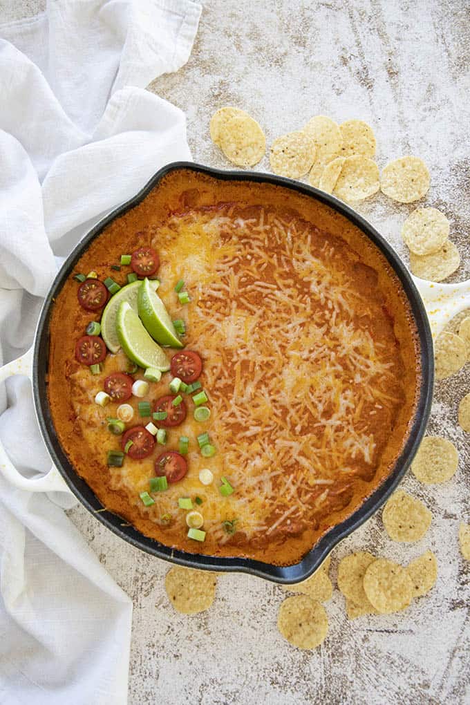 chicken enchilada dip in a skillet