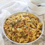 instant pot creamy italian mac and cheese in a white bowl