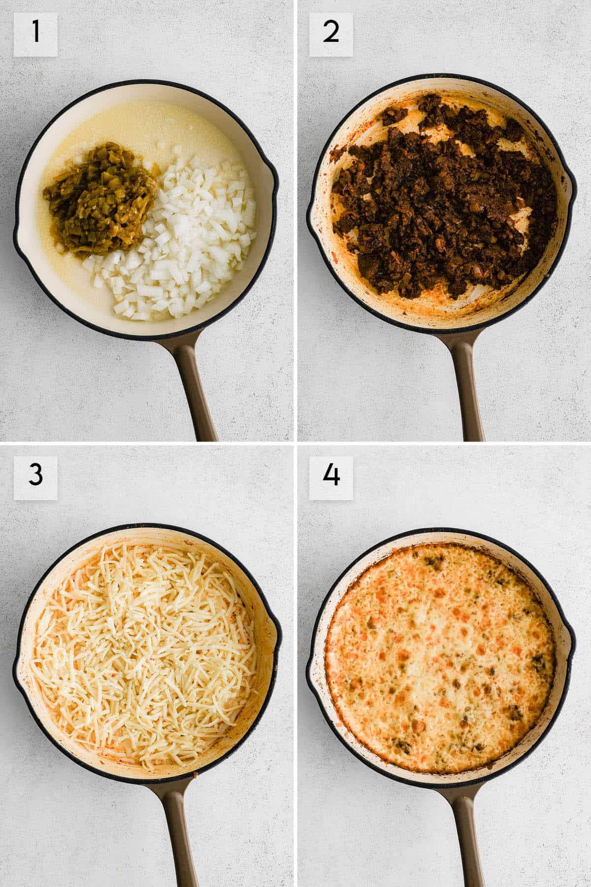 four panel collage image showing how to make queso fundido