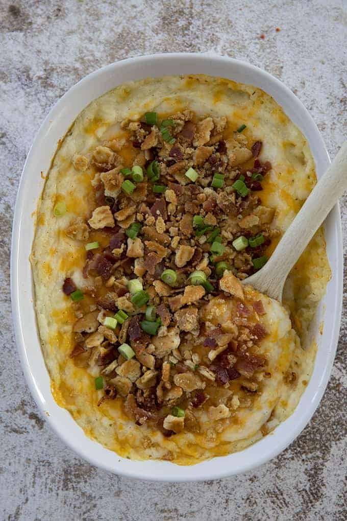 mashed potato casserole in a baking dish